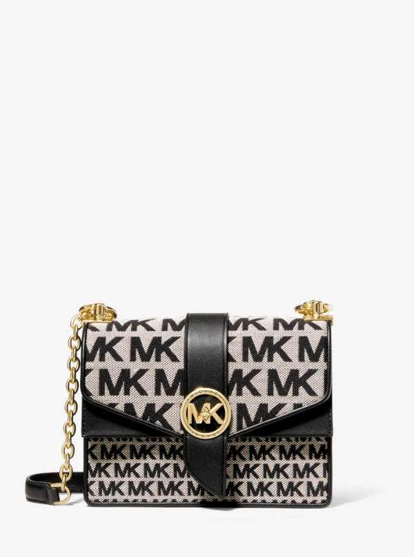 Damske Spojková Taška Michael Kors Greenwich Small Logo Jacquard and Leather Béžové Čierne - Kabelky Michael Kors Slevy | KPIVY-1352